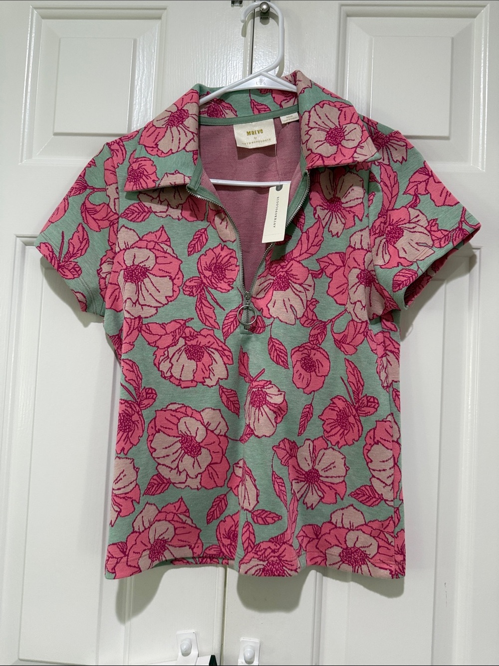 Anthropologie Maeve Green Polo Top with Pink Floral Print size M
